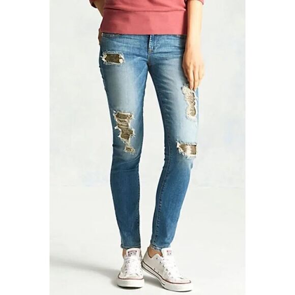 True Religion Casey Super Skinny Low Rise Distressed Gold Sequin Blue Jean 26 - Picture 1 of 11